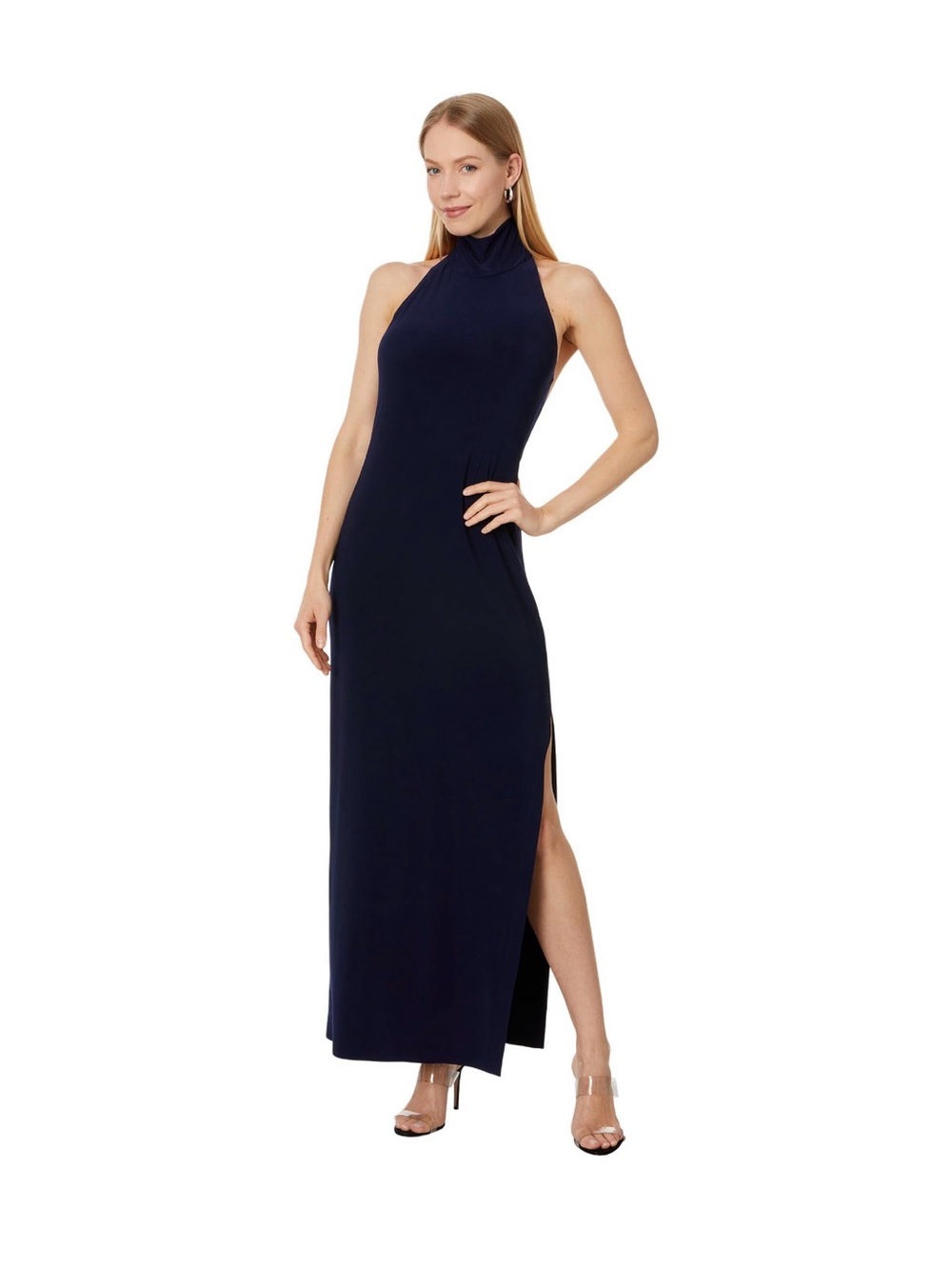 Norma Kamali Navy High-Neck Halter Turtle Dress